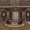 Ornate Luxurious Interior With Marble Columns Large Window Chandeliers And Curtains