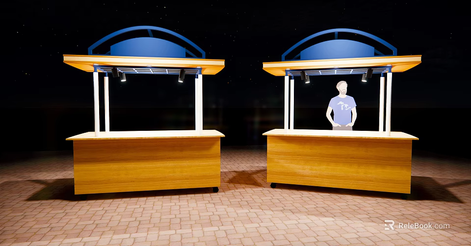 Outdoor Wooden Stalls With Blue Canopies Red Brick Floor And Person Standing At Counter 3d model 