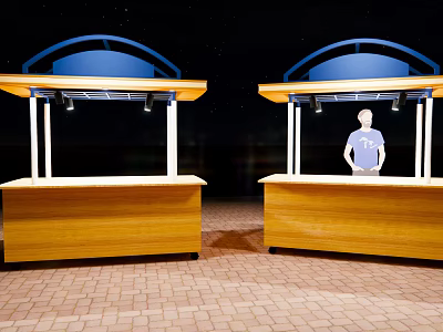 Outdoor Wooden Stalls With Blue Canopies Red Brick Floor And Person Standing At Counter 3d model