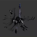 3D Anime Character With Black Wings Blue Outfit And Weapon In Dynamic Pose