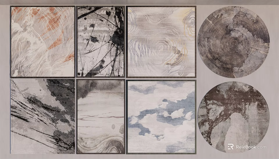 Modern Square Rugs With Abstract Ink Patterns And Neutral Color Textures For Home Decor 3d model 