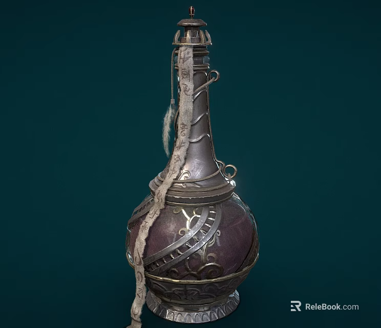 Vintage Ceramic Vessel With Silver Metal Decorations Woven Rope And Intricate Patterns 3d model 