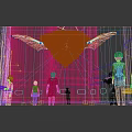 Cartoon Scene Of Children Watching Giant Green Pterosaur Model With Display Screens