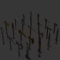 Assorted Weapons Collection Featuring Swords Axes Hammers in Diverse Colors Radial Arrangement