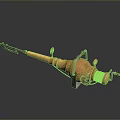Golden Metallic Weapon With Spear Like Design Red Wheel And Shiny Mechanical Structure
