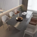 Modern Rectangular Dining Table Set with White and Tan Chairs and Decorative Fruit Bowl on Top