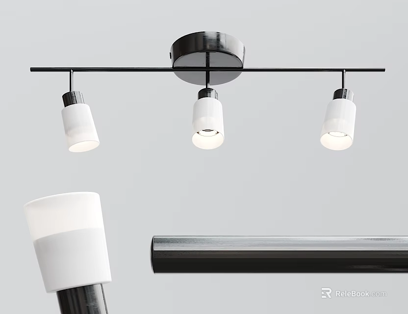 Modern Ceiling Mounted Downlights And Spotlights With Black Metal Bar And White Shades 3d model 