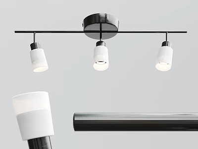 Modern Ceiling Mounted Downlights And Spotlights With Black Metal Bar And White Shades 3d model