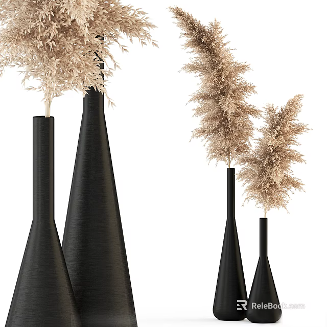 Black Conical Vases With Pampas Grass For Minimalist Home Decor 3d model 