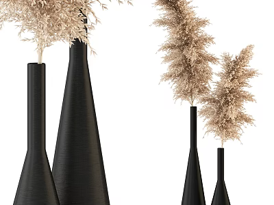 Black Conical Vases With Pampas Grass For Minimalist Home Decor 3d model