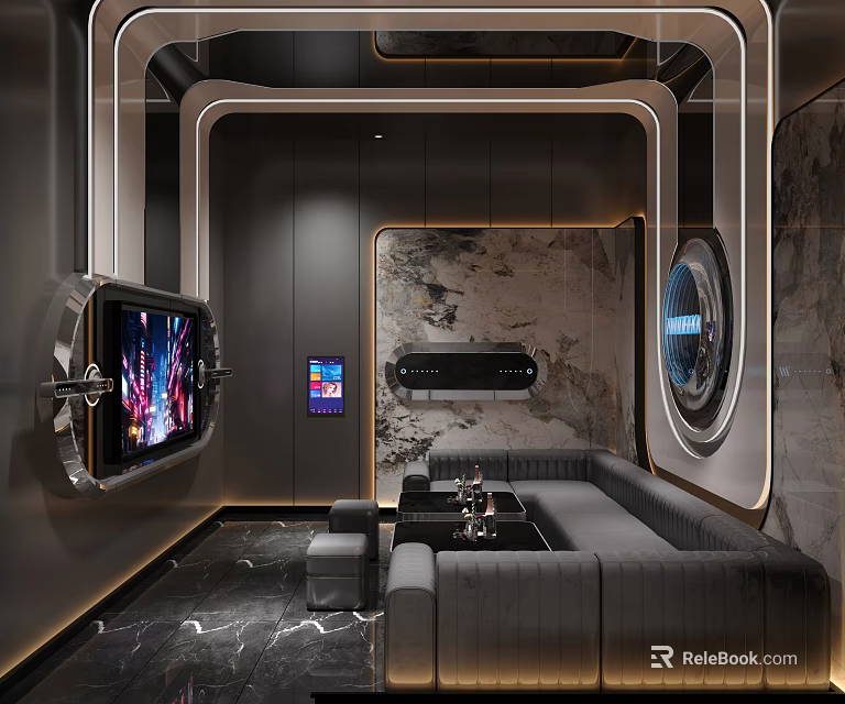 Modern KTV Room Interior With Leather Sofa Large Screens And Marble Decor 3d model 