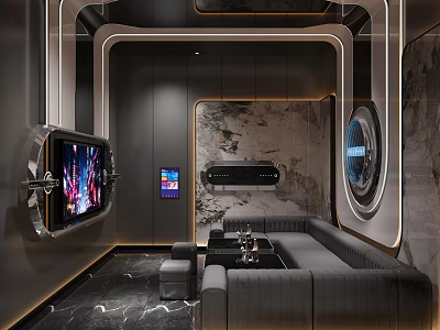 Modern KTV Room Interior With Leather Sofa Large Screens And Marble Decor 3d model