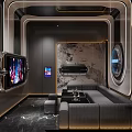 Modern KTV Room Interior With Leather Sofa Large Screens And Marble Decor