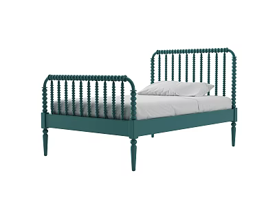 Teal Modern Single Bed With Spindle Headboard Wooden Frame And White Mattress 3d model
