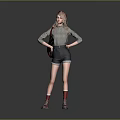 Blonde Woman In Gray Turtleneck Black Shorts Red Socks Brown Boots With Hands On Hips
