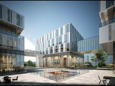 Modern Residential Building With Glass Curtain Walls Courtyard And Swimming Pool 3d model
