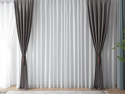 Gray Curtains with White Sheer Panels and Tiebacks in Bright Room with Wooden Floor 3d model