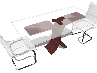 Modern Glass Top Table And Transparent Chairs Set With Wooden Legs Design 3d model