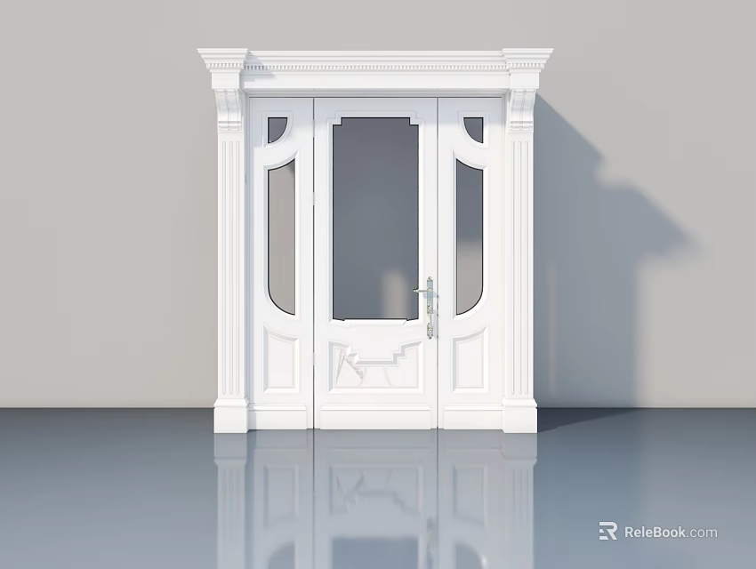 White Swing Door With Glass Panels And Elegant Decorative Frame 3d model 