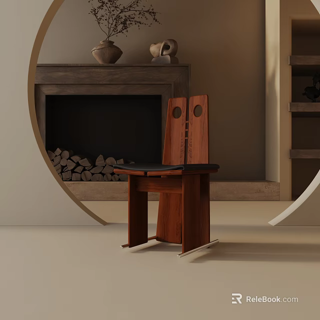 Modern Wooden Dining Chair With Double Round Backrest In Cozy Fireplace Interior 3d model 