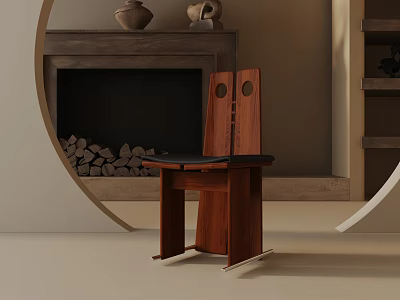 Modern Wooden Dining Chair With Double Round Backrest In Cozy Fireplace Interior 3d model