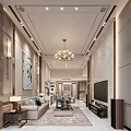 Elegant Modern Living Dining Room Interior With Beige Sofa Blue Pillows And Abstract Wall Art