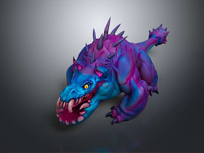 Fierce 3D Game Movie Character With Purple Blue Spikes Sharp Teeth And Yellow Eyes 3d model