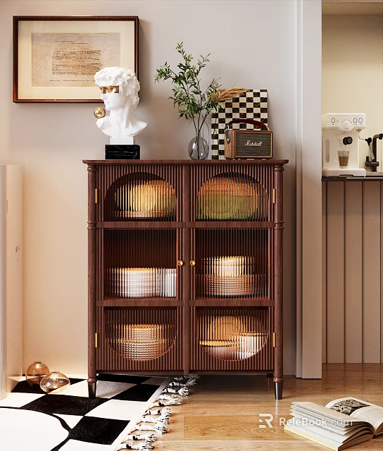 Wooden Dark Brown Dining Sideboard With Lattice Doors Storage And Decorative Statue Vase Green Plant 3d model 