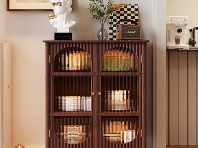 Wooden Dark Brown Dining Sideboard With Lattice Doors Storage And Decorative Statue Vase Green Plant 3d model
