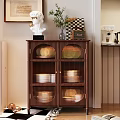 Wooden Dark Brown Dining Sideboard With Lattice Doors Storage And Decorative Statue Vase Green Plant