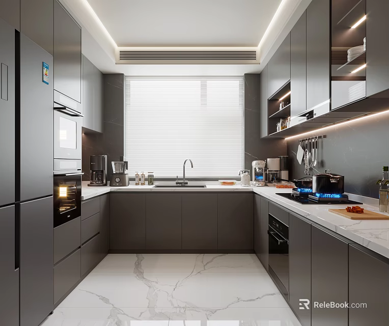 Modern Kitchen Interior With Gray Cabinets Marble Countertops And Window Lighting 3d model 