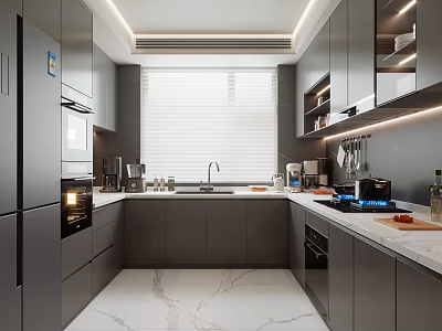 Modern Kitchen Interior With Gray Cabinets Marble Countertops And Window Lighting 3d model