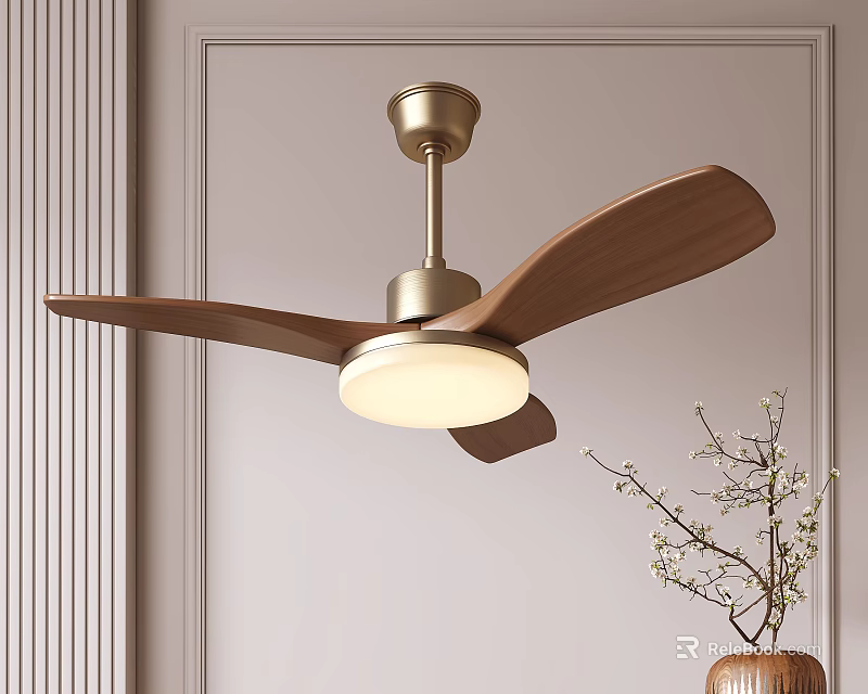 Modern Ceiling Fan Light with Wooden Blades White Shade and Bronze Base in Interior Decor 3d model 