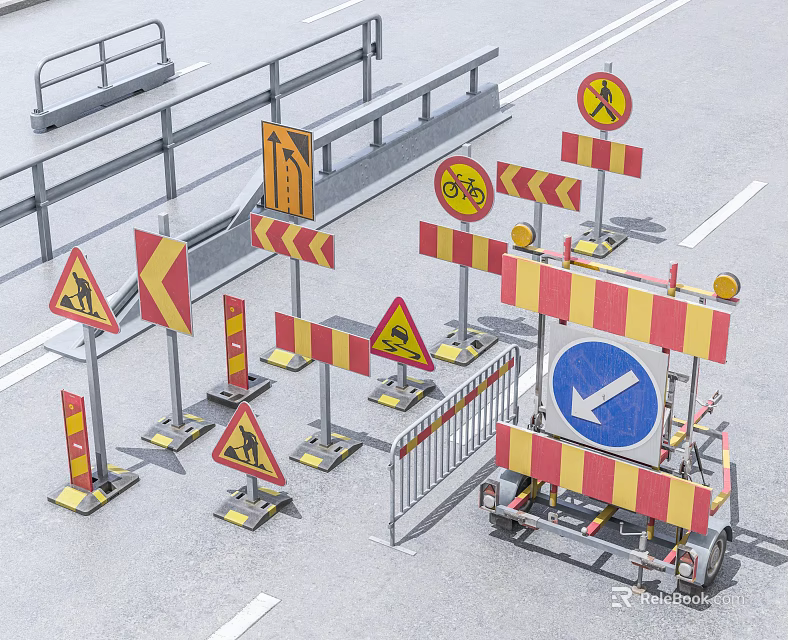 Road Traffic Signs For Construction Area With Warning Signs Directional Arrows And Barriers 3d model 