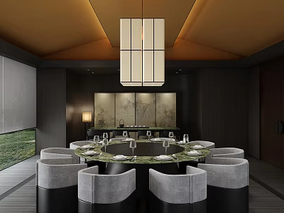 Elegant Modern Private Dining Room With Round Table Gray Chairs And Chandelier 3d model