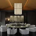Elegant Modern Private Dining Room With Round Table Gray Chairs And Chandelier