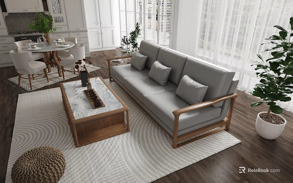 Modern Living Room With Wooden Frame Sofa Marble Coffee Table And Area Rug 3d model 