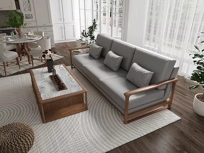 Modern Living Room With Wooden Frame Sofa Marble Coffee Table And Area Rug 3d model