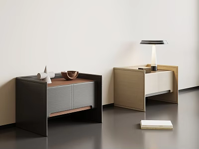 Modern Bedside Tables In Different Colors With Lamp And Decorative Bowl On Gray Floor 3d model