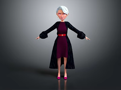 White Haired Woman In Purple Dress Black Coat Red Belt And Pink High Heels 3d model