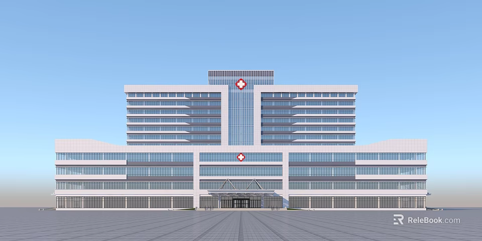 Modern Hospital Building Exterior With Glass Curtain Walls And Red Cross Symbols 3d model 