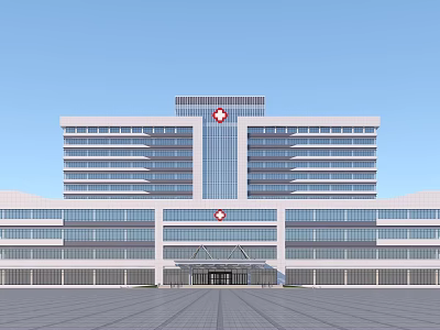Modern Hospital Building Exterior With Glass Curtain Walls And Red Cross Symbols 3d model