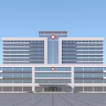 Modern Hospital Building Exterior With Glass Curtain Walls And Red Cross Symbols