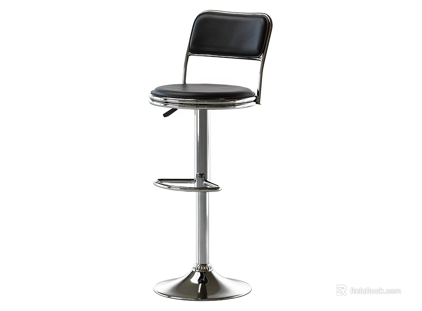 Modern Black Leather Bar Stool with Adjustable Height and Chrome Round Base 3d model 