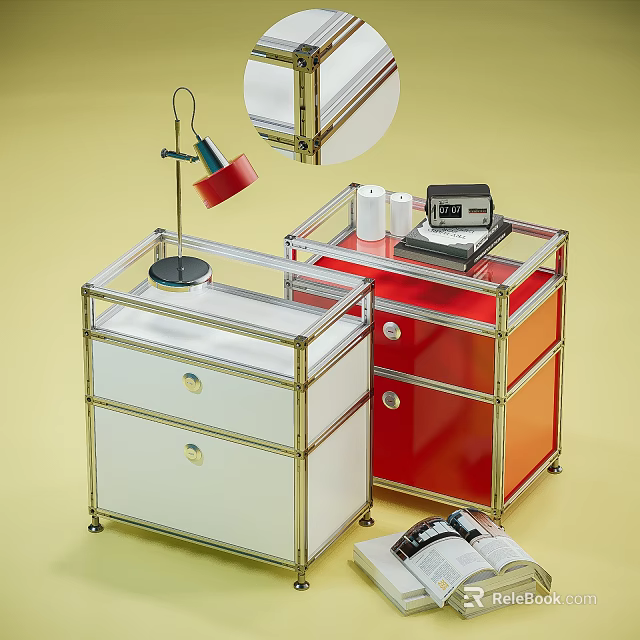 Modern Console And Side Cabinets With Metal Frame White Red Drawers And Table Lamp 3d model 