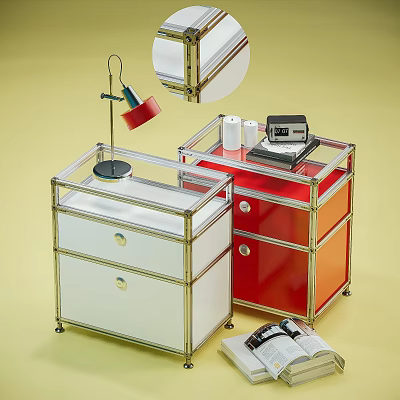 Modern Console And Side Cabinets With Metal Frame White Red Drawers And Table Lamp 3d model