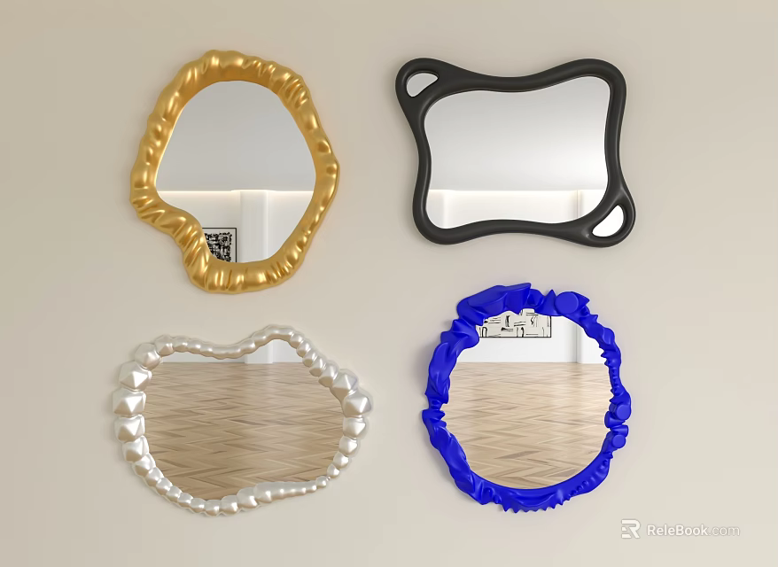 Decorative Irregular Mirrors With Gold Black Silver Blue Frames And Wavy Edges 3d model