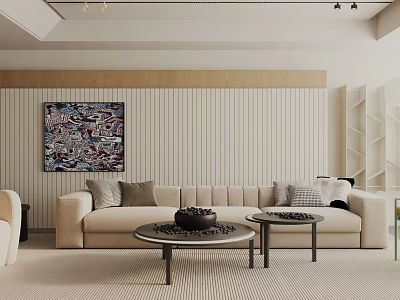 Neutral Toned Living Room Interior With Beige Sofa Round Coffee Tables And Decorative Wall Artwork 3d model