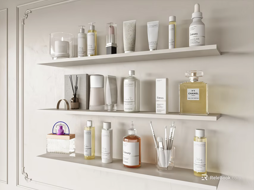 Perfumes And Cosmetics Displayed On Wall Shelves 3d model 
