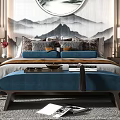 New Chinese Background Double Bed Double Bed Combination 3d model